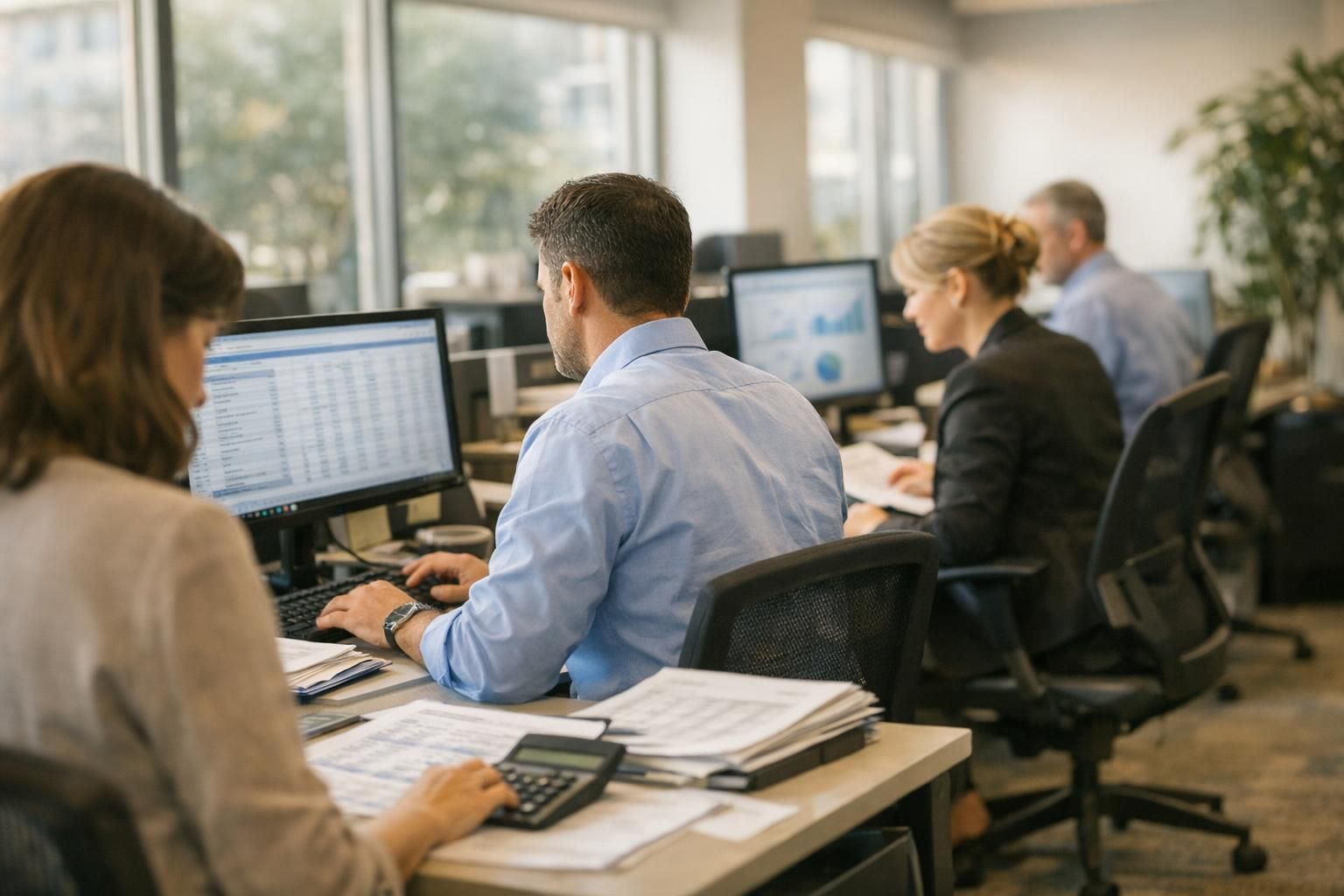 Collaborateurs d'un cabinet comptable travaillant sur un réseau sécurisé