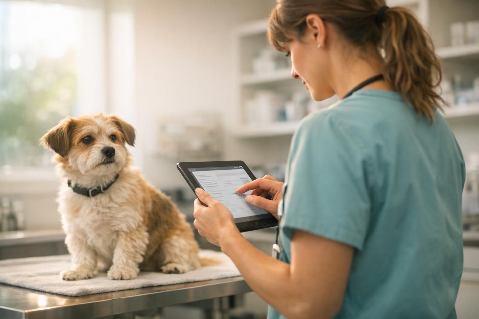 Vétérinaire consultant le dossier d'un animal sur une tablette connectée en clinique