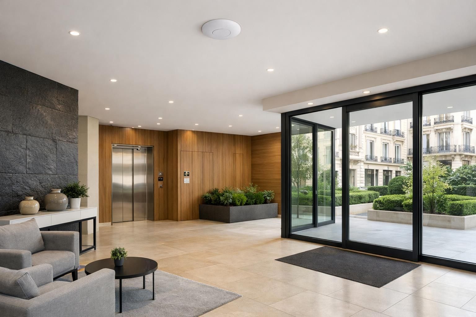 WiFi collectif copropriété hall immeuble Hall d'immeuble en copropriété équipé d'un réseau WiFi collectif à Paris