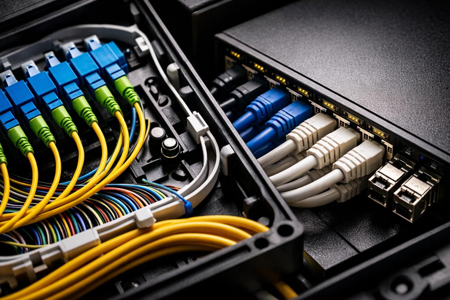 Coffret fibre optique et switch dans le local technique d'une copropriété