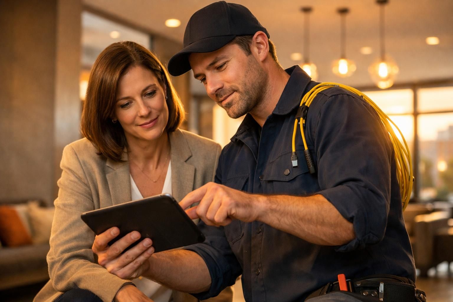 Syndic et technicien réseau étudiant le plan WiFi d'une résidence collective