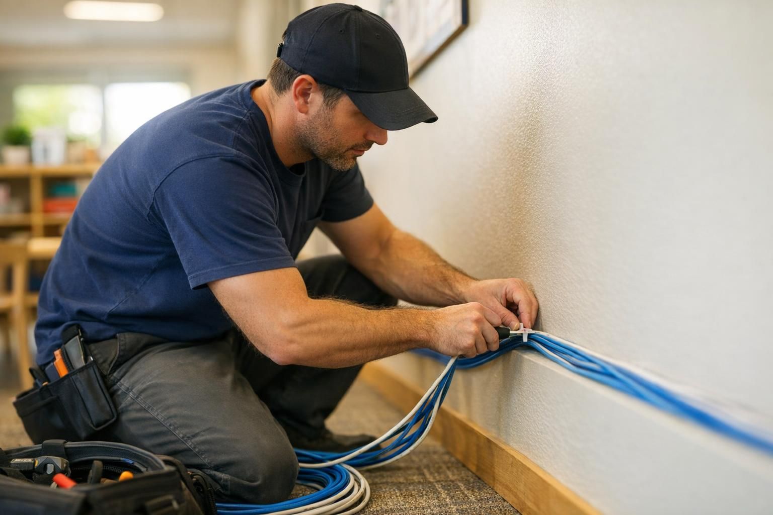 Technicien installant un réseau filaire conforme dans une micro-crèche