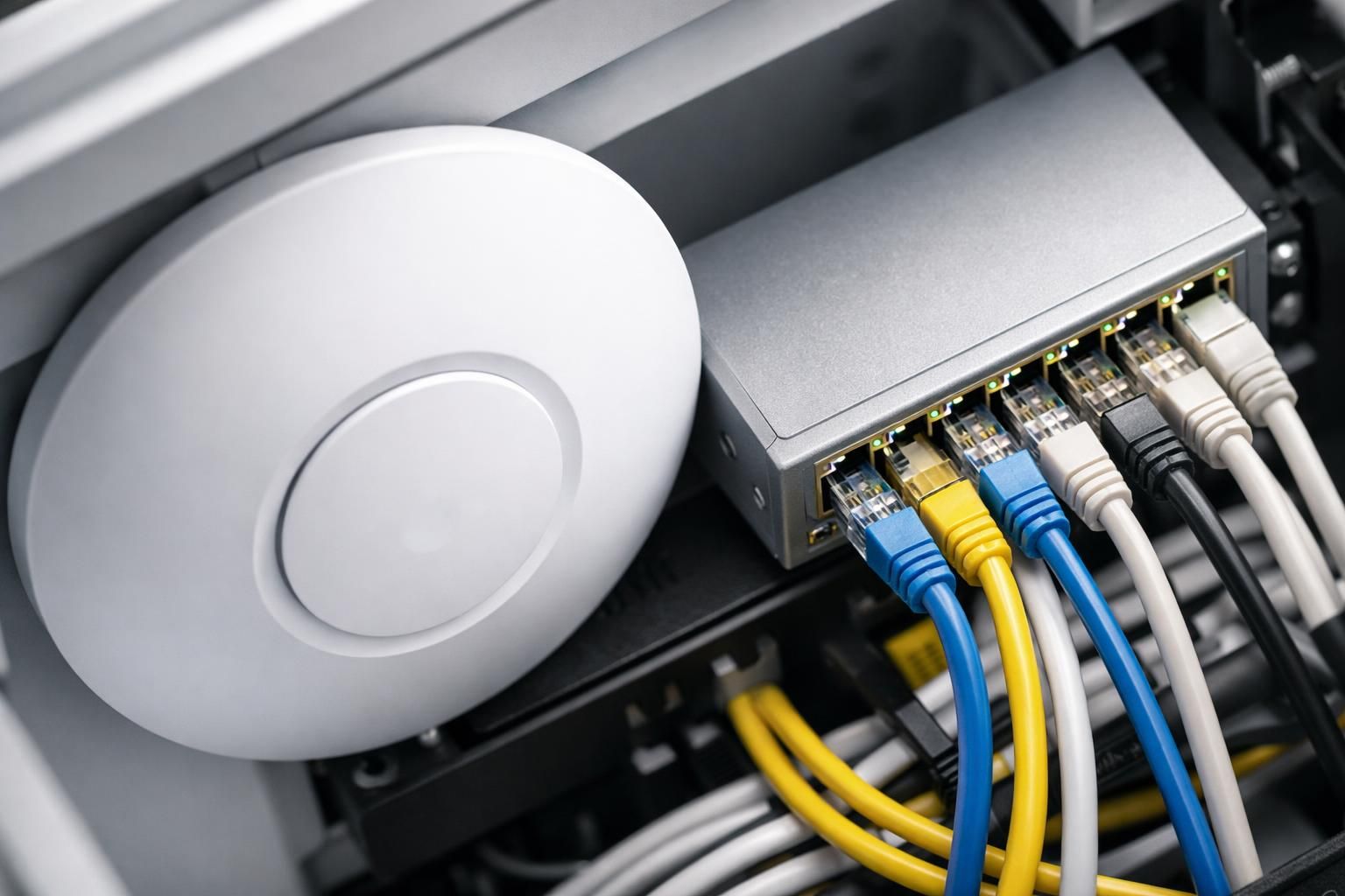 Borne WiFi et switch réseau dans le local technique d'une école