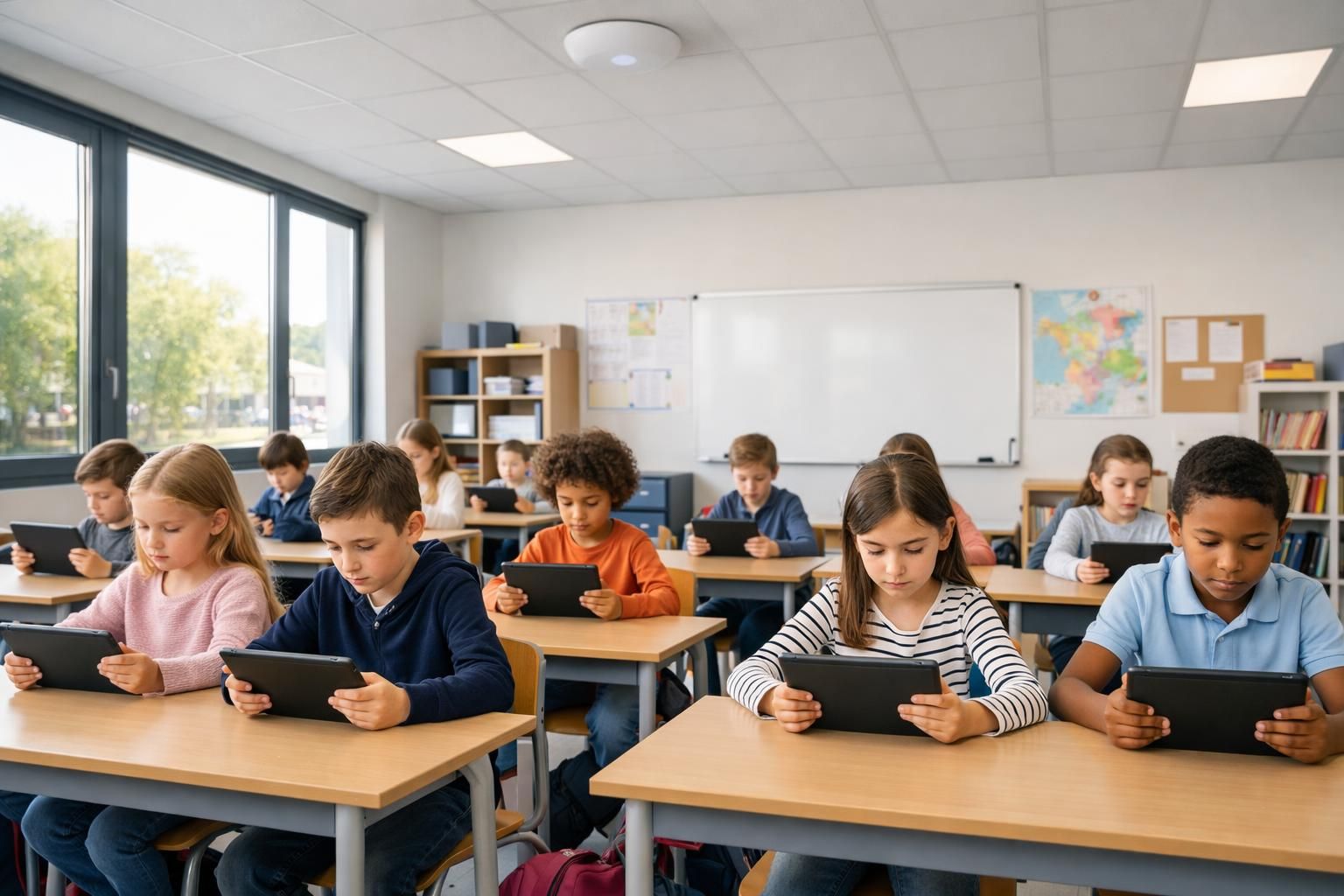WiFi école salle de classe Salle de classe équipée en WiFi avec élèves sur tablettes numériques