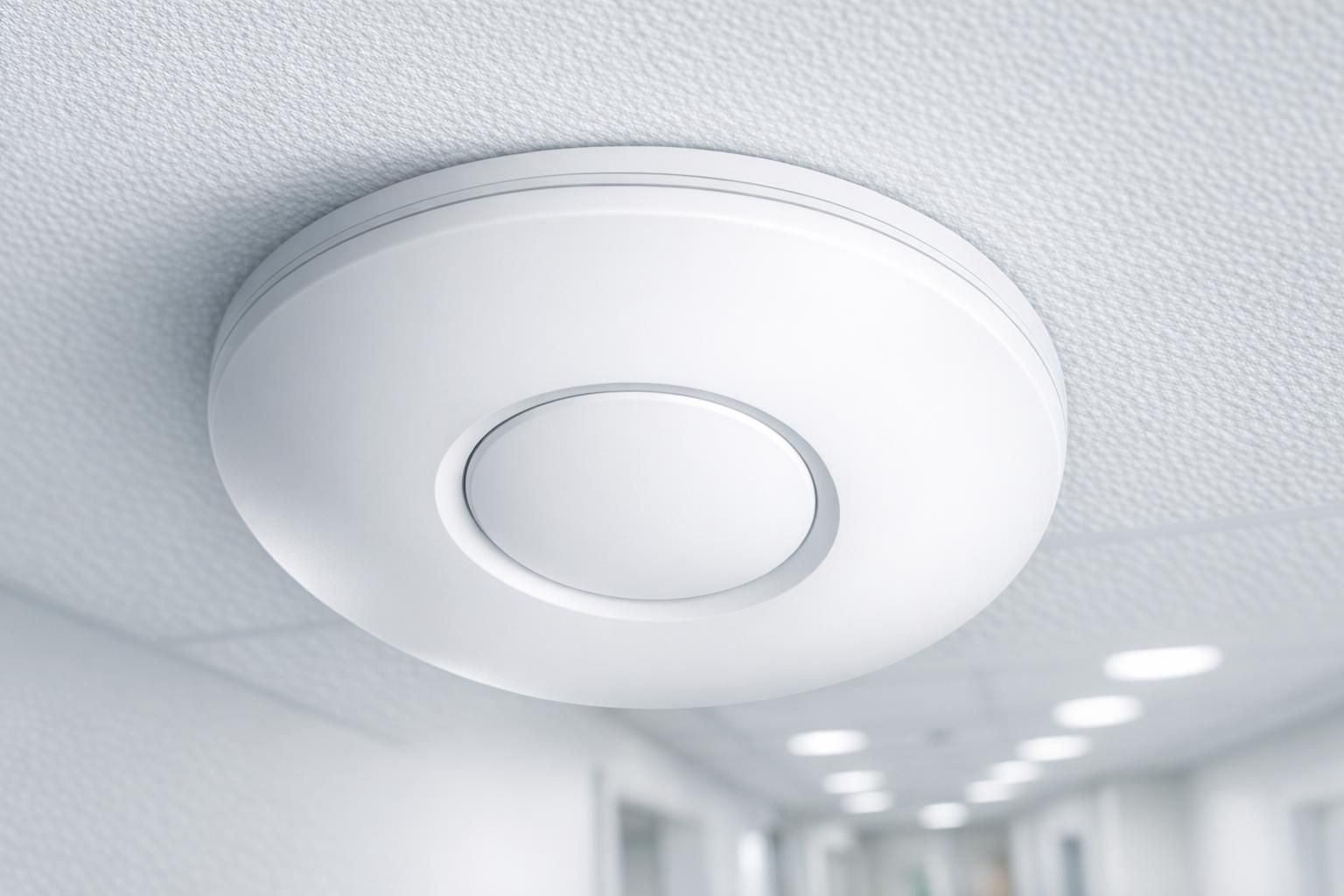Borne WiFi professionnelle fixée au plafond d'un couloir d'EHPAD
