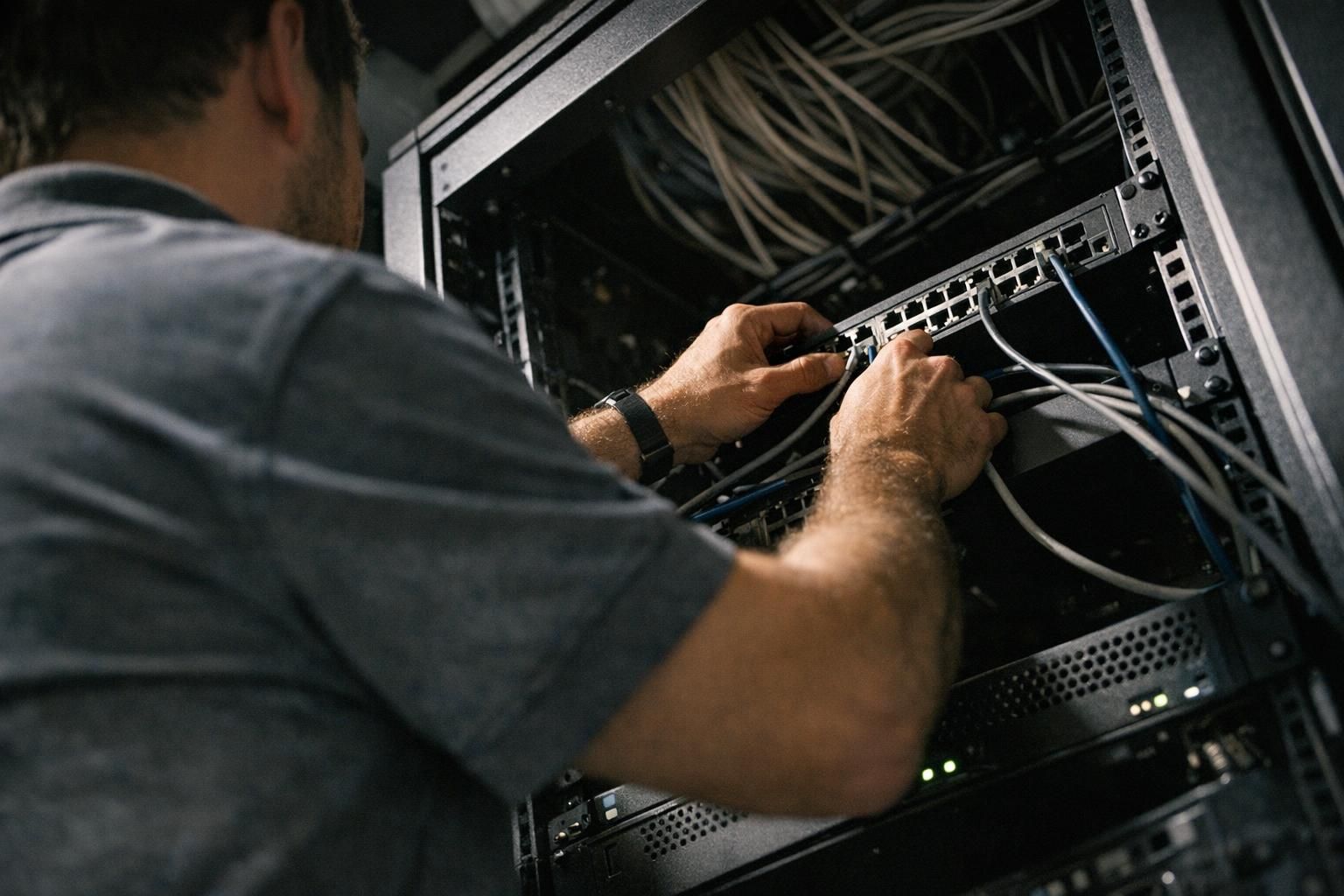 Technicien réseau installant un switch dans un local technique d'établissement de retraite