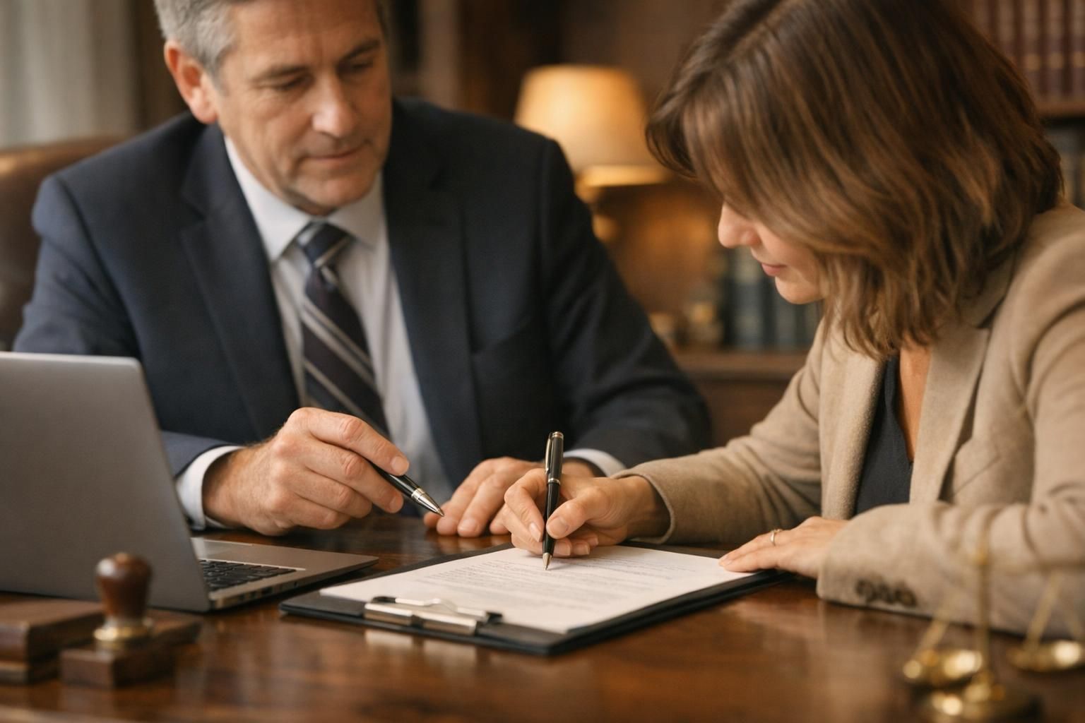 Notaire et client signant un acte lors d'un rendez-vous dans une étude connectée
