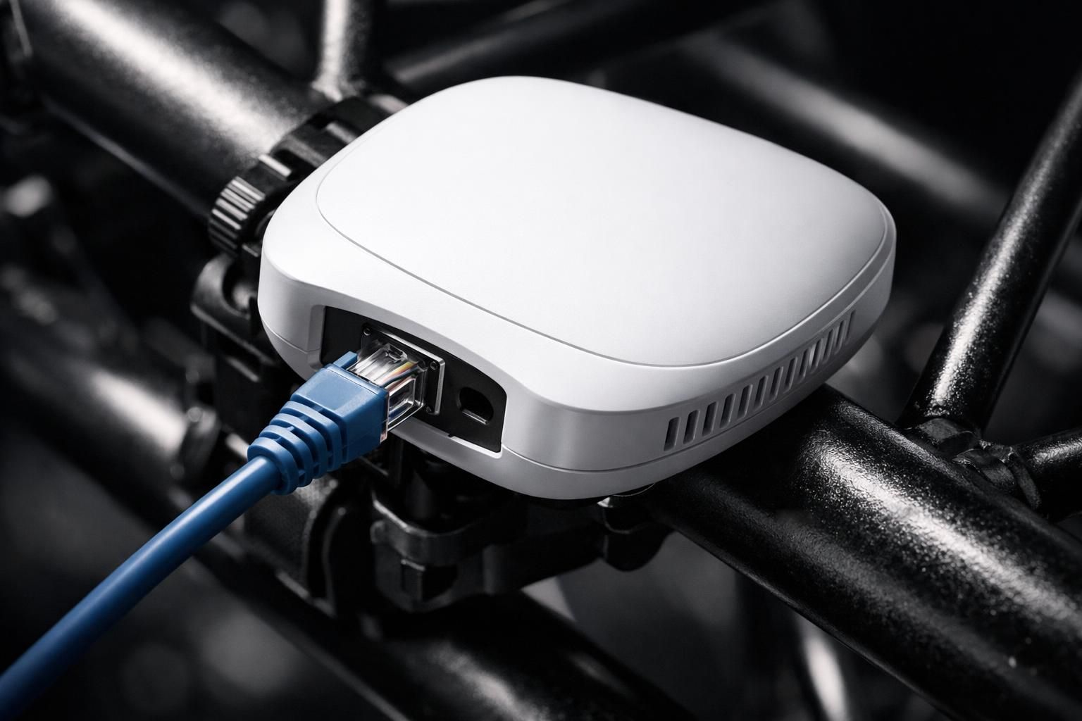 Borne WiFi professionnelle fixée sur une structure lors d'un événement