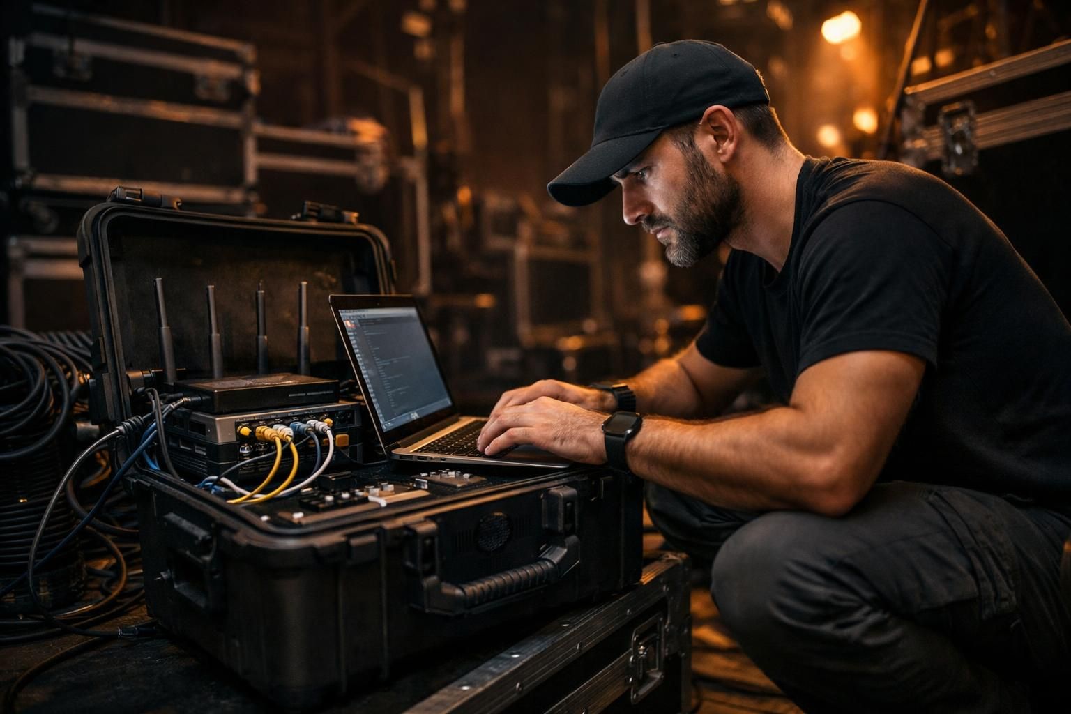 Technicien réseau configurant le WiFi temporaire en coulisses d'un événement