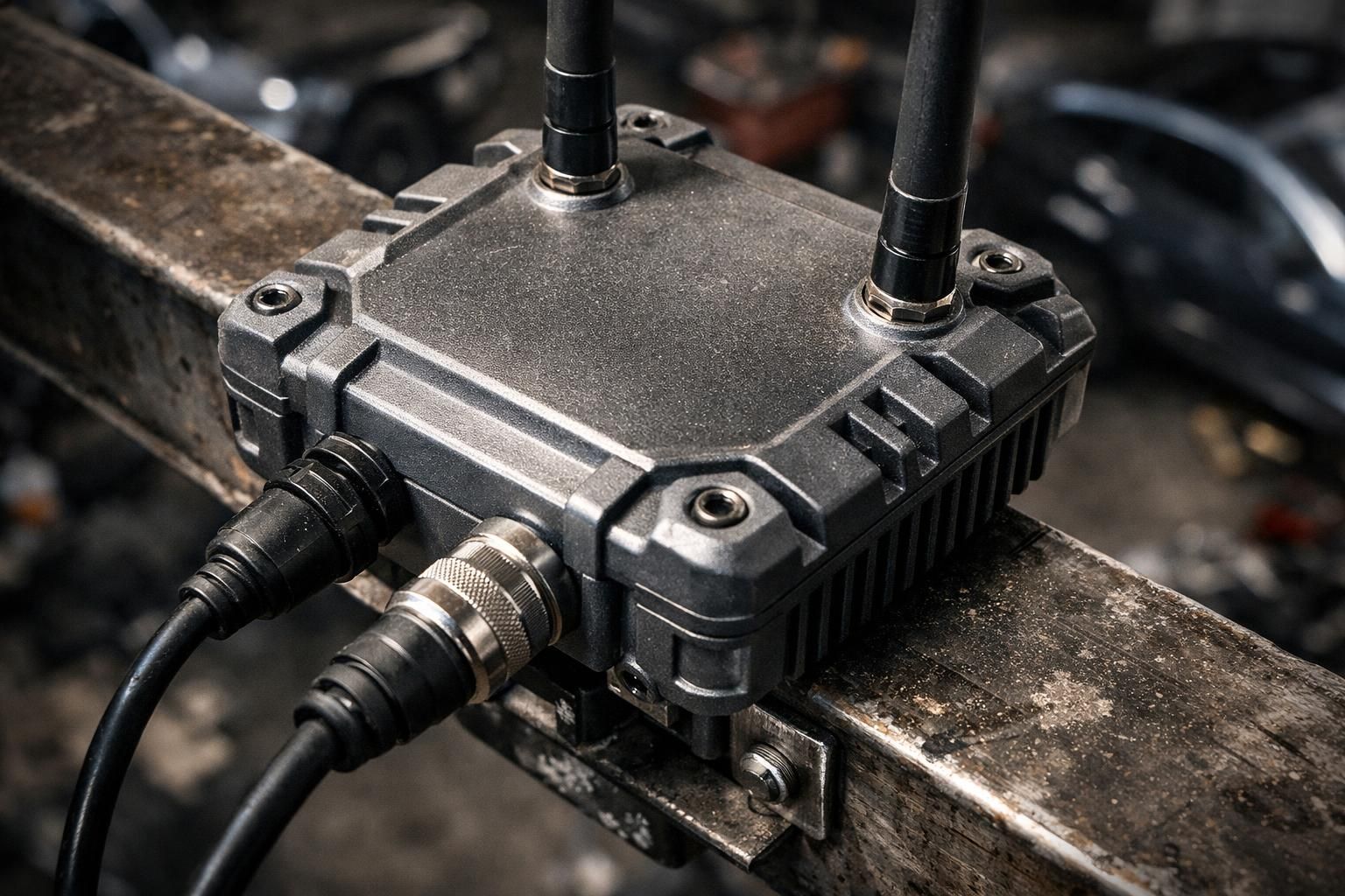 Borne WiFi durcie fixée en hauteur dans un atelier automobile