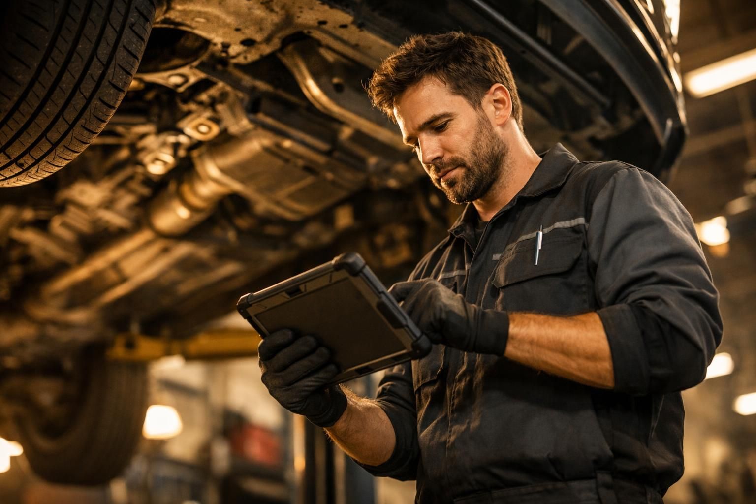 Mécanicien utilisant une tablette connectée pour un diagnostic véhicule