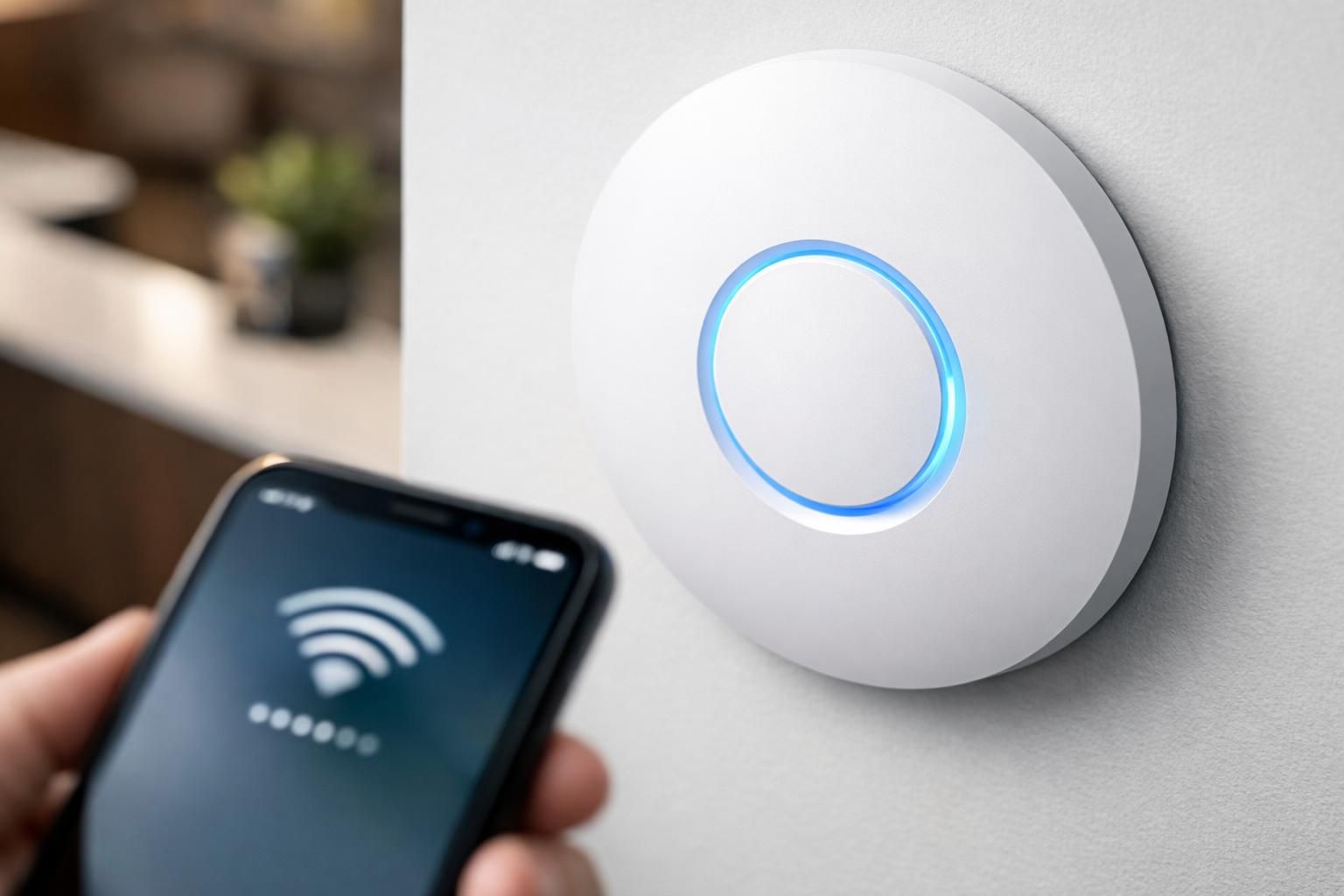 Borne WiFi au-dessus d'un comptoir d'accueil pour le réseau invité d'entreprise
