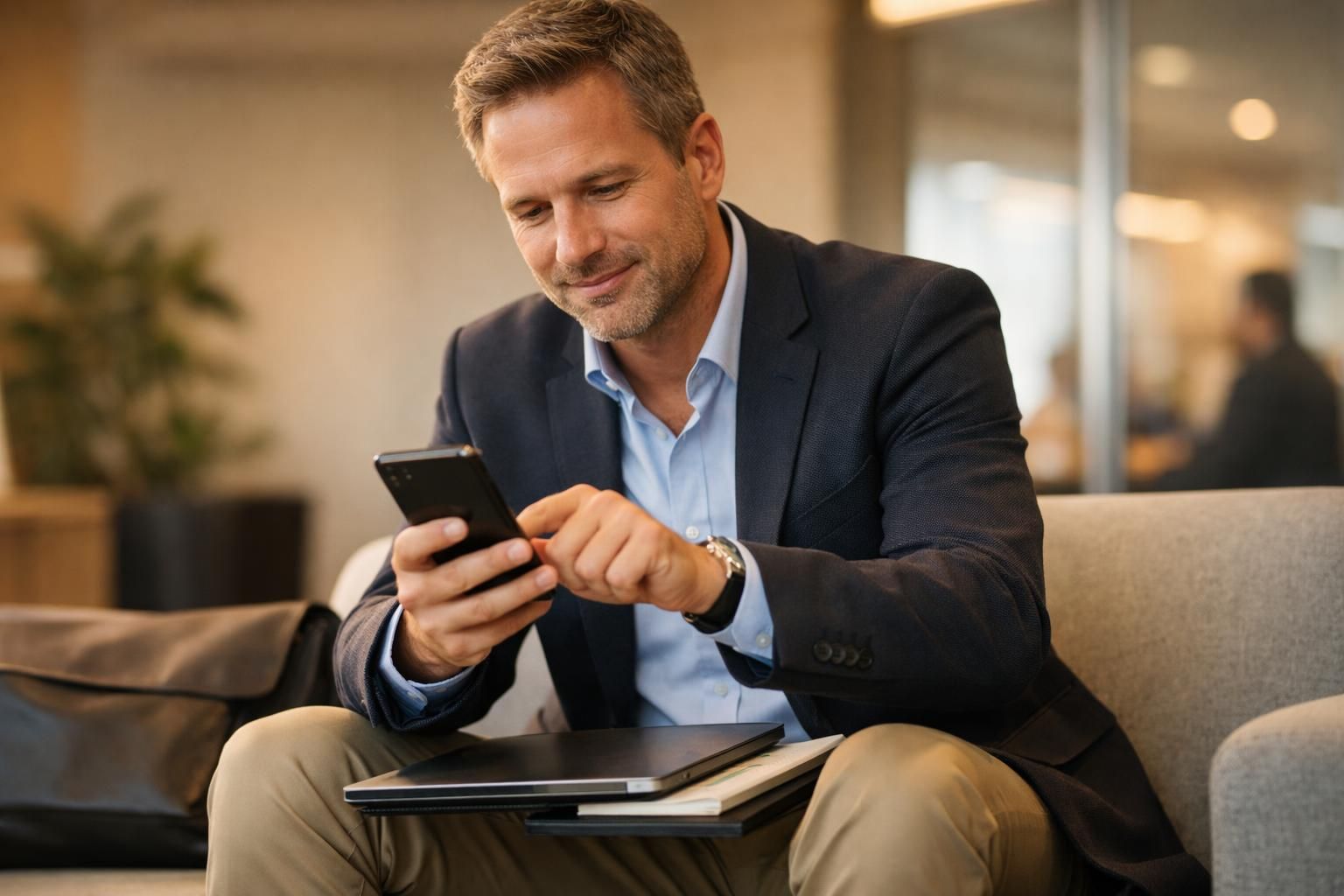 Visiteur connectant son smartphone au WiFi invité en salle d'attente d'entreprise