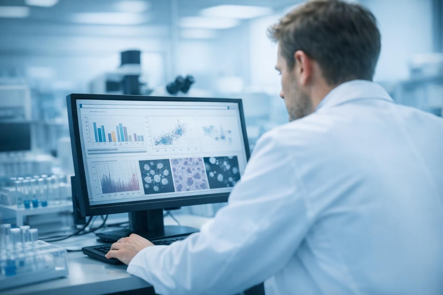 Technicien de laboratoire consultant des résultats d'analyses sur un réseau sécurisé