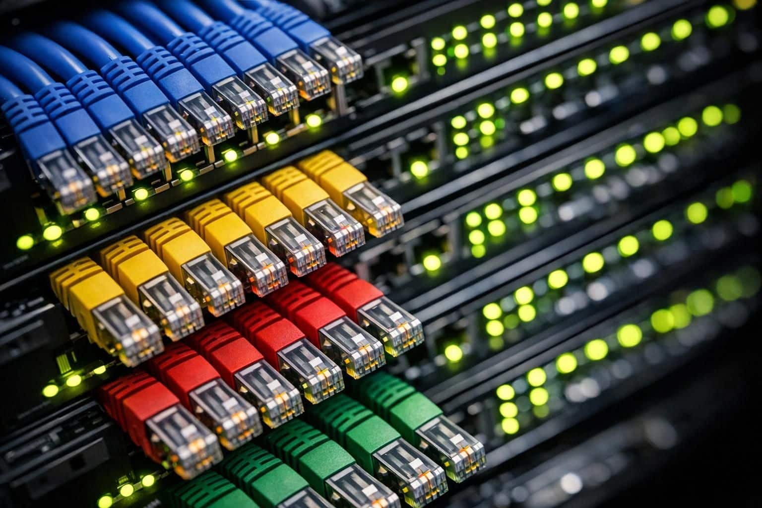 Baie réseau avec câblage soigné et voyants d'état d'une infrastructure WiFi