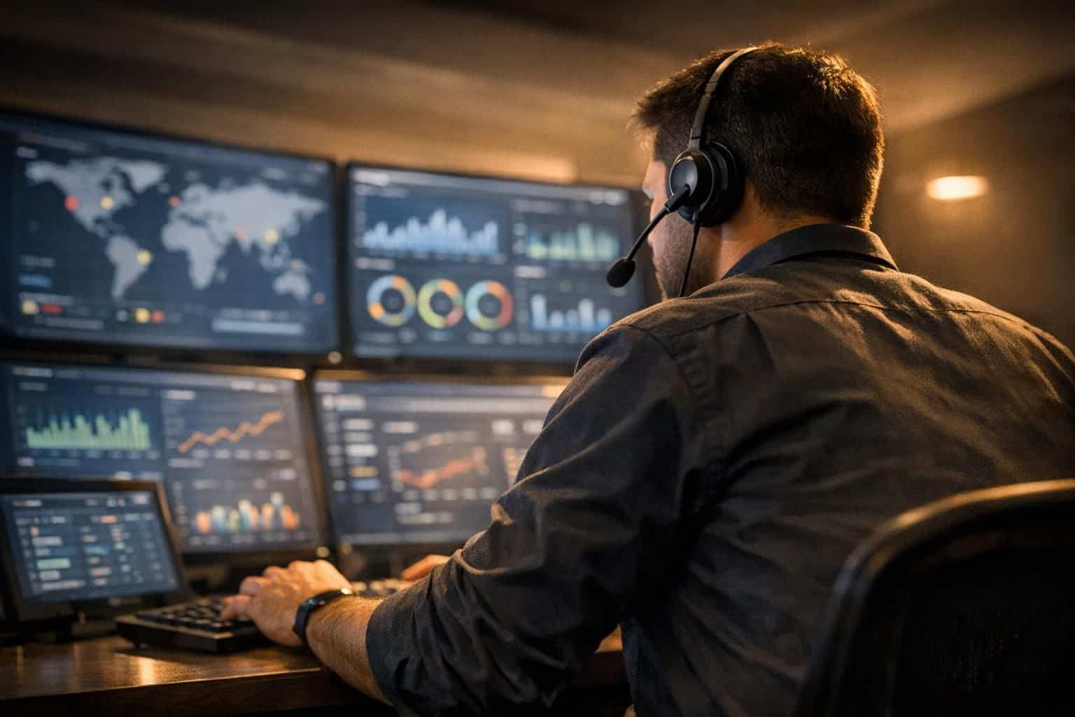 Technicien support supervisant le réseau WiFi 24/7 avec un casque