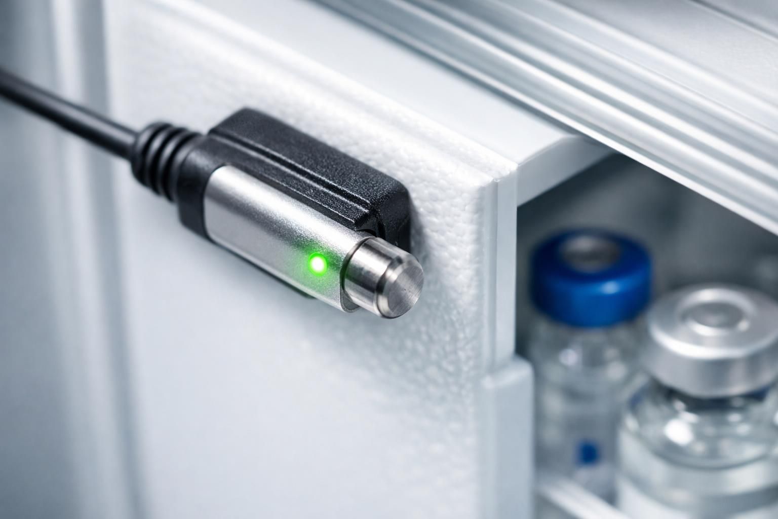 Capteur de température connecté sur le réfrigérateur d'une pharmacie