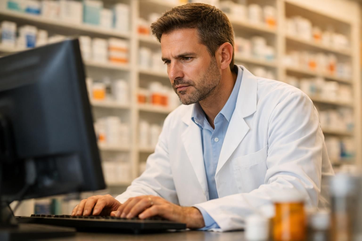 Pharmacien utilisant un poste informatique connecté au comptoir de l'officine