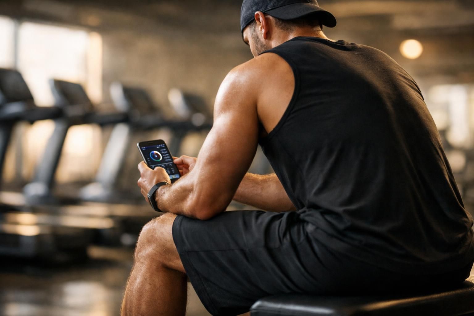 Adhérent consultant une application fitness sur son smartphone dans une salle de sport