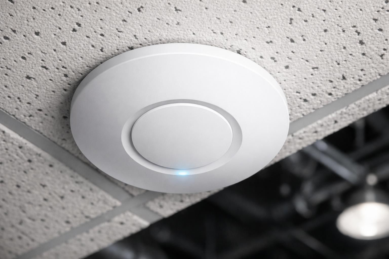 Gros plan sur une borne WiFi professionnelle fixée au plafond d'une salle de sport
