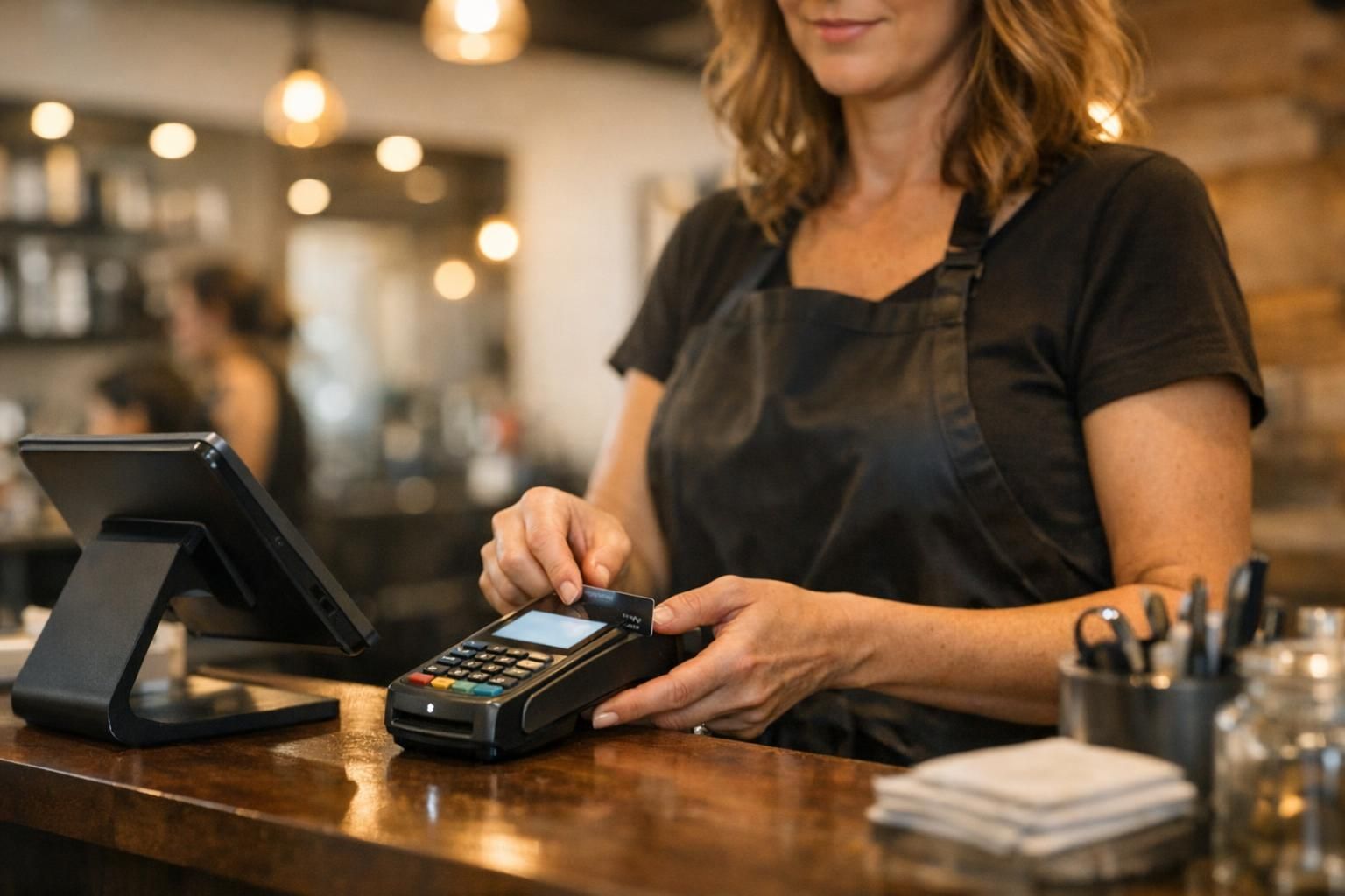 Coiffeuse encaissant une cliente sur un réseau caisse sécurisé et séparé
