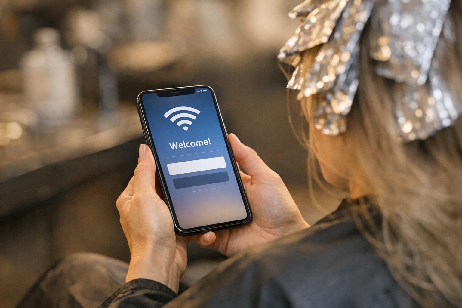 Cliente connectée au WiFi gratuit pendant une prestation en salon de coiffure