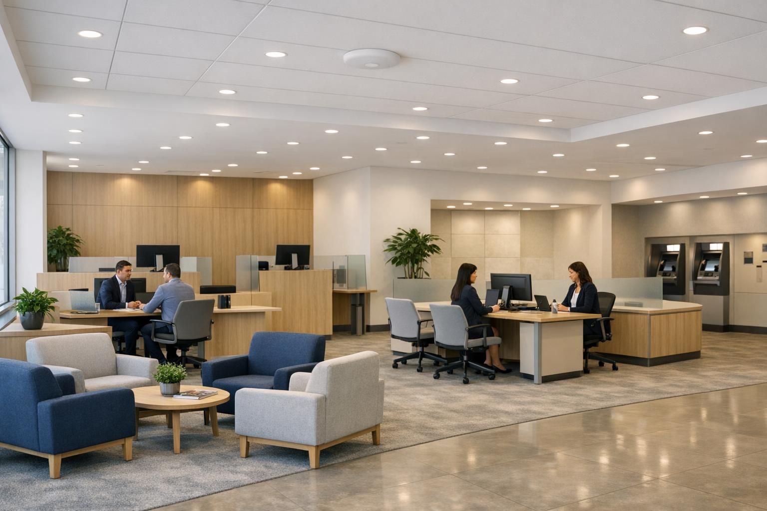 WiFi agence bancaire – accueil Agence bancaire moderne équipée d'un réseau WiFi sécurisé et segmenté en Île-de-France
