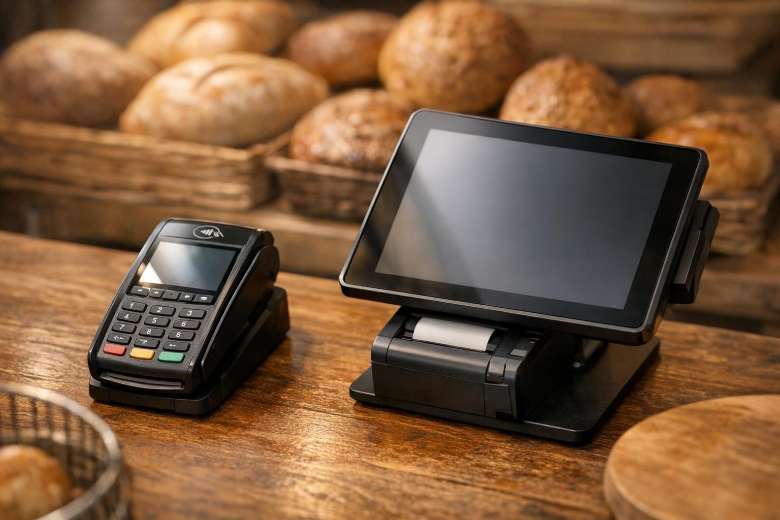 Terminal de paiement et logiciel de caisse connectés au comptoir d'une boulangerie