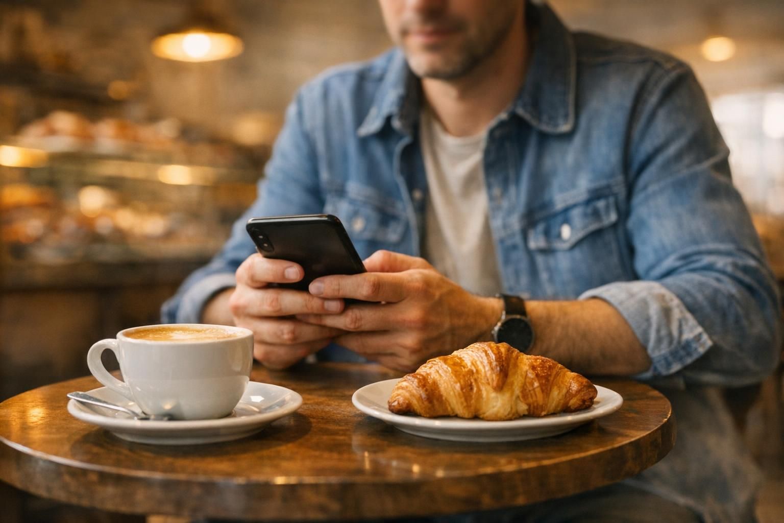 Client connecté au WiFi gratuit à une table d'un coin salon de boulangerie