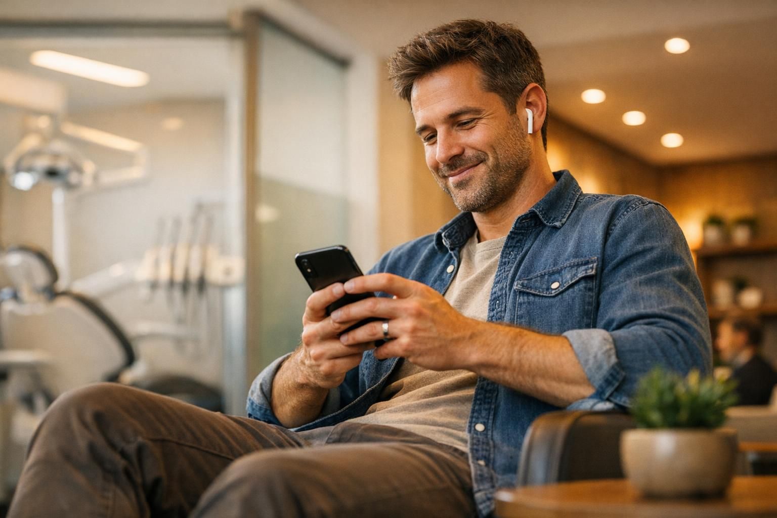 Patient connecté au WiFi de la salle d'attente d'un cabinet dentaire