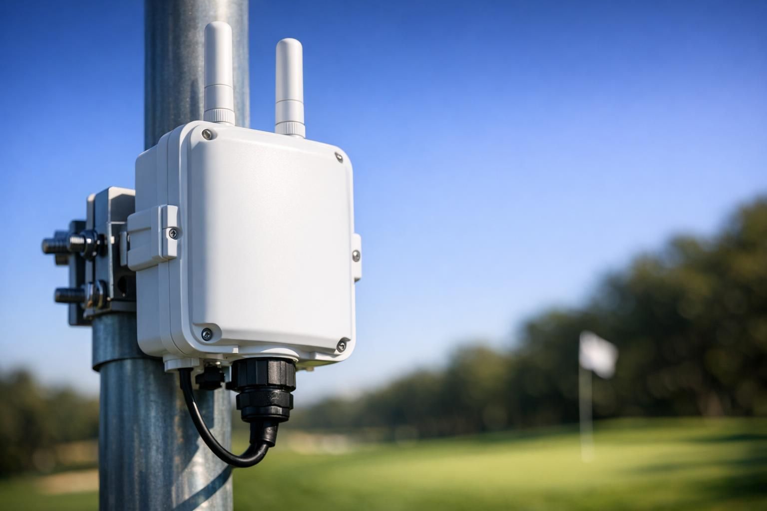 Borne WiFi extérieure IP67 sur mât couvrant un fairway de golf en longue portée