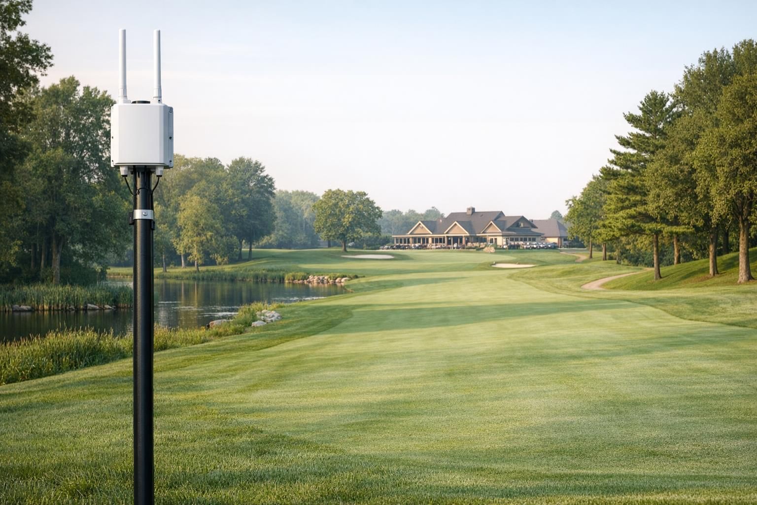 WiFi golf – parcours et fairway Parcours de golf couvert en WiFi longue portée avec borne extérieure et club-house