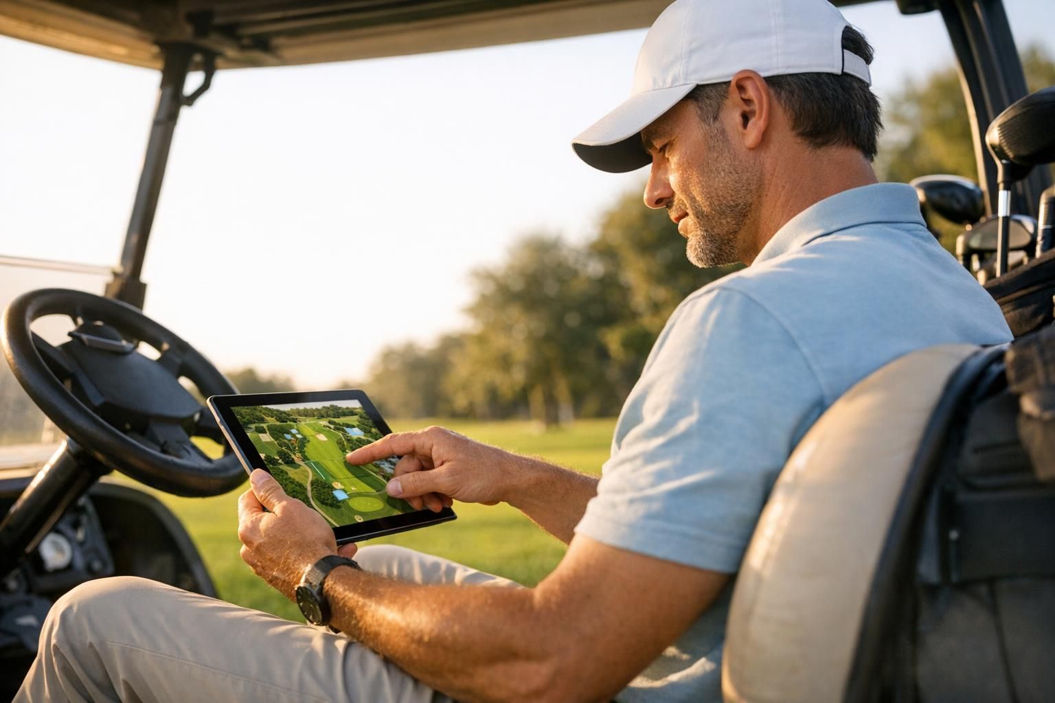 Golfeur consultant une tablette connectée sur une voiturette de golf sur le parcours
