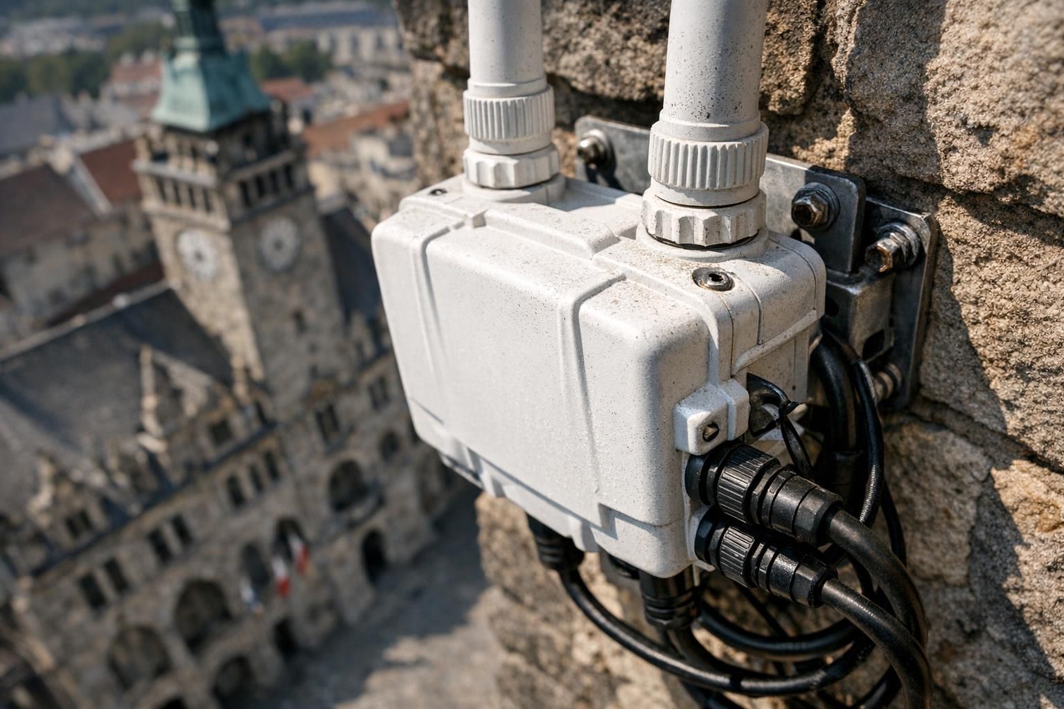 Borne WiFi extérieure installée sur la façade d'une mairie pour couvrir la place publique