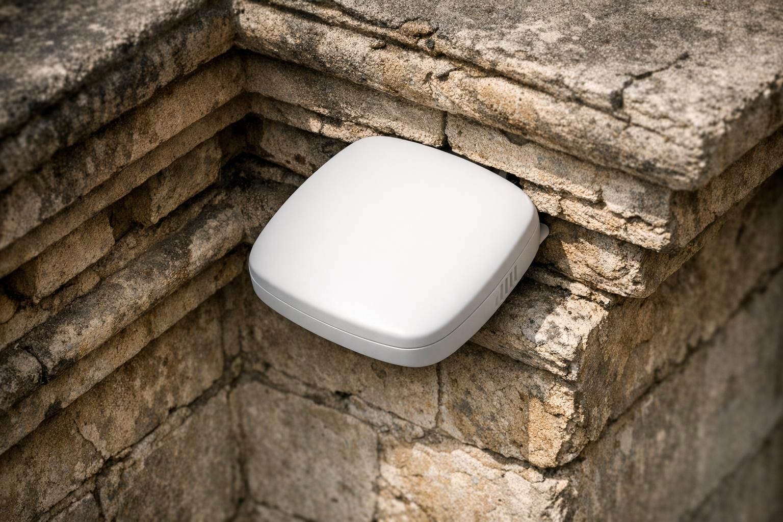 Borne WiFi discrète intégrée dans une galerie de musée aux murs anciens