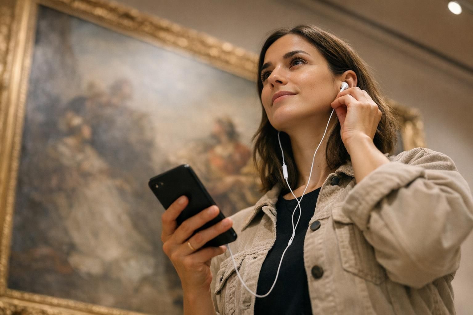 Visiteuse utilisant une application d'audioguide sur smartphone devant une œuvre