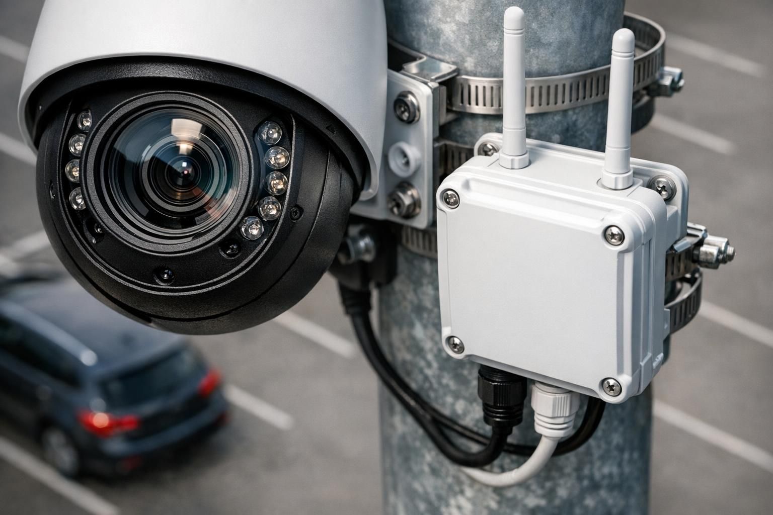 Caméra de vidéosurveillance et borne WiFi extérieure IP67 sur un mât de parking