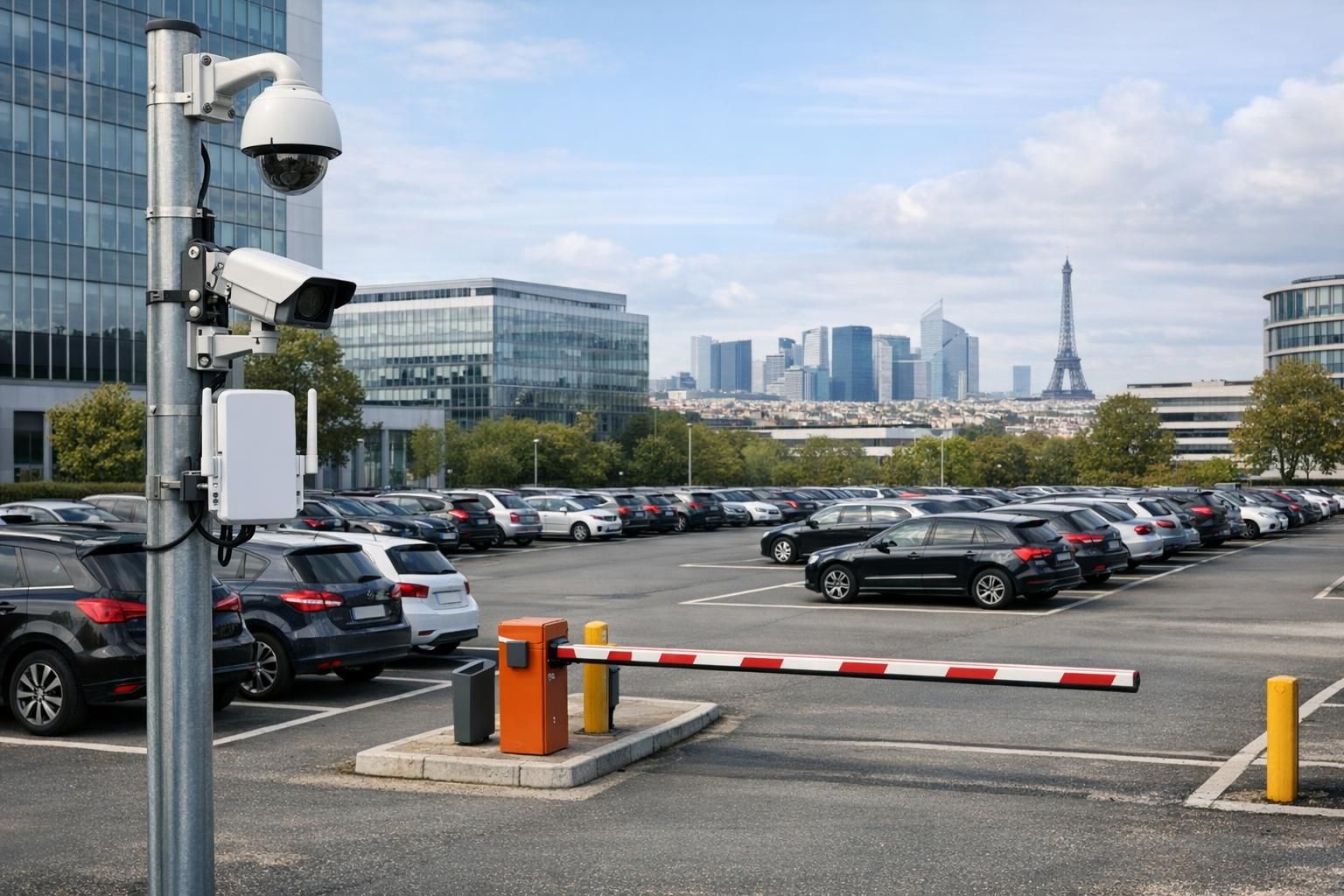 WiFi parking – vue d’ensemble Parking d'entreprise couvert en WiFi avec caméras de surveillance et contrôle d'accès