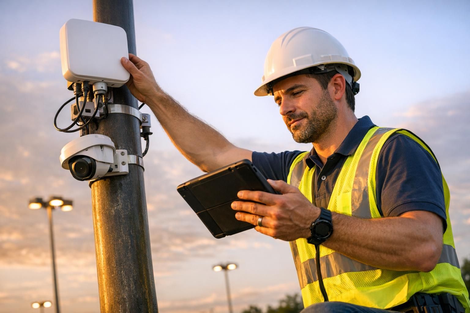 Technicien installant une borne WiFi extérieure et vérifiant la couverture d'un parking