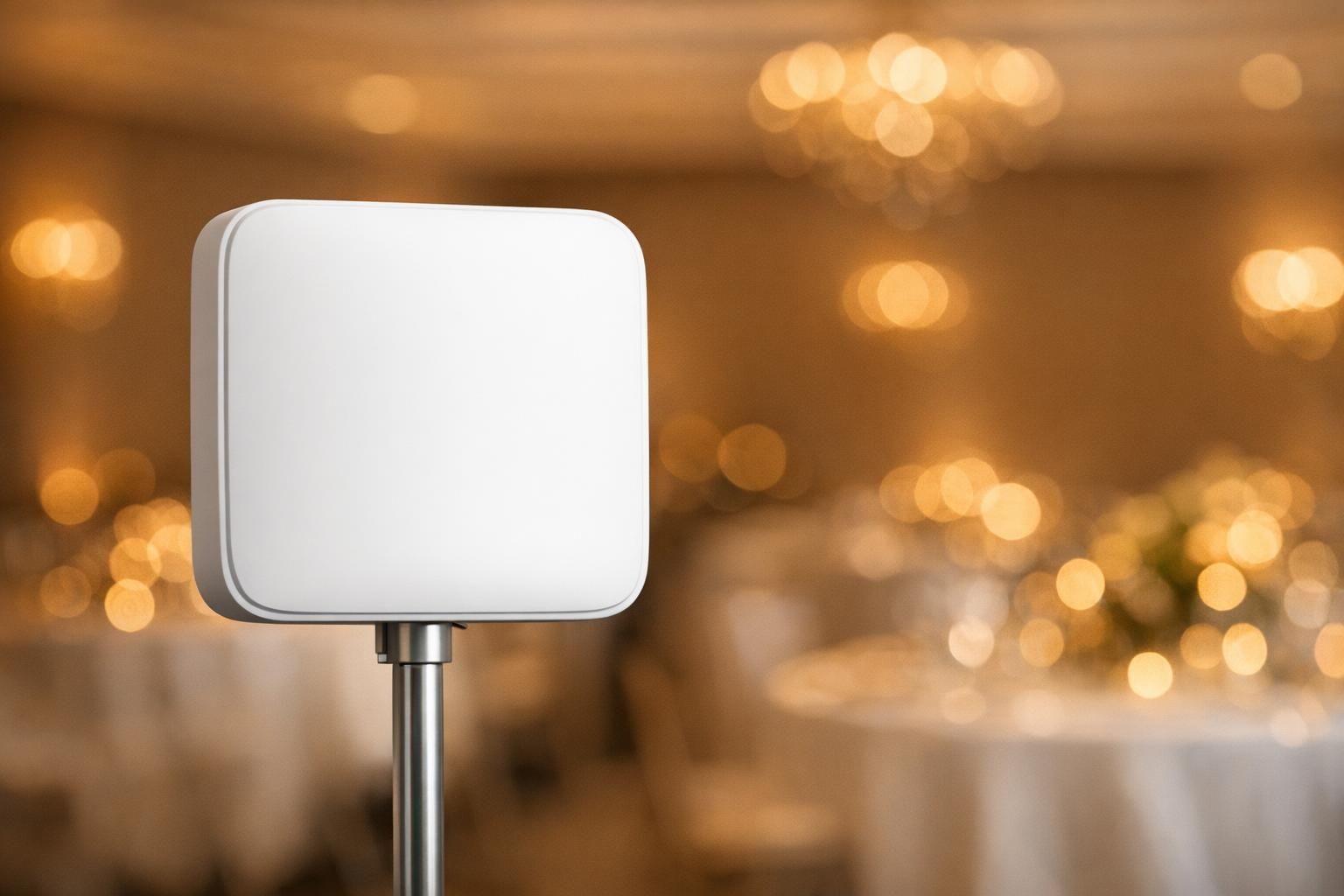 Borne WiFi temporaire installée dans une salle de réception dressée pour un événement