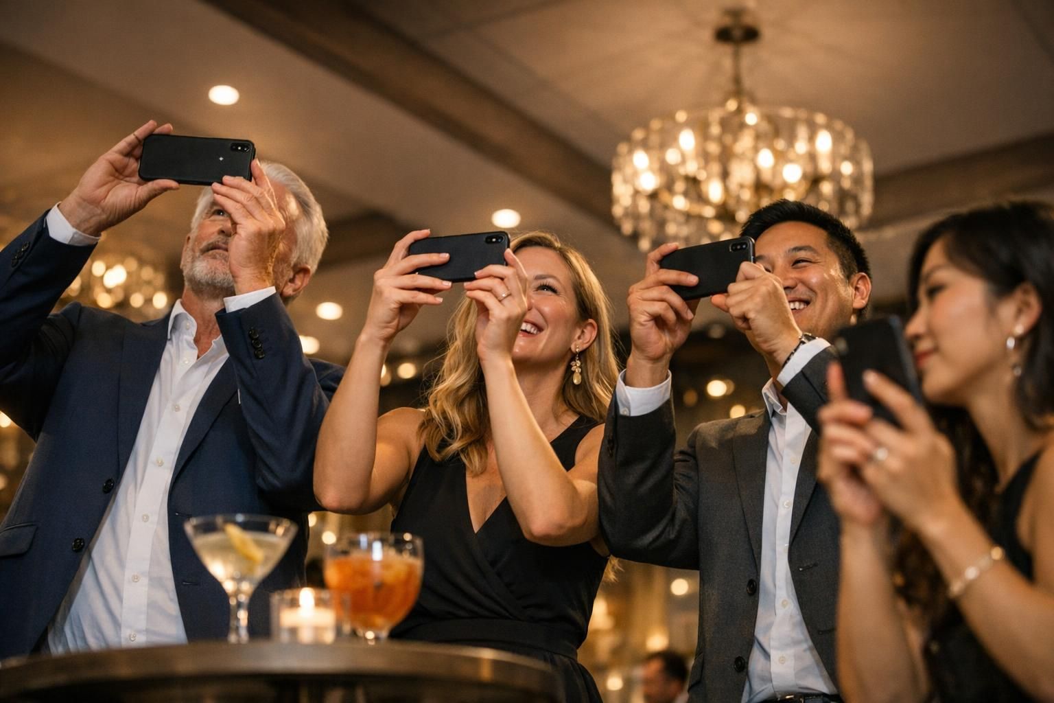 Invités connectés à un cocktail dans un espace de réception événementiel