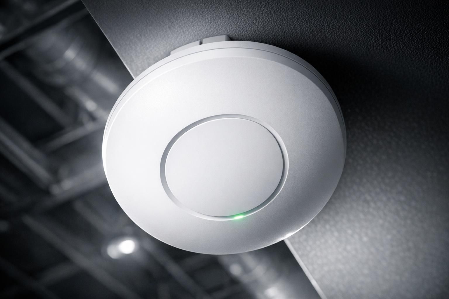 Borne WiFi professionnelle fixée au plafond d'un showroom pour couvrir de grands volumes
