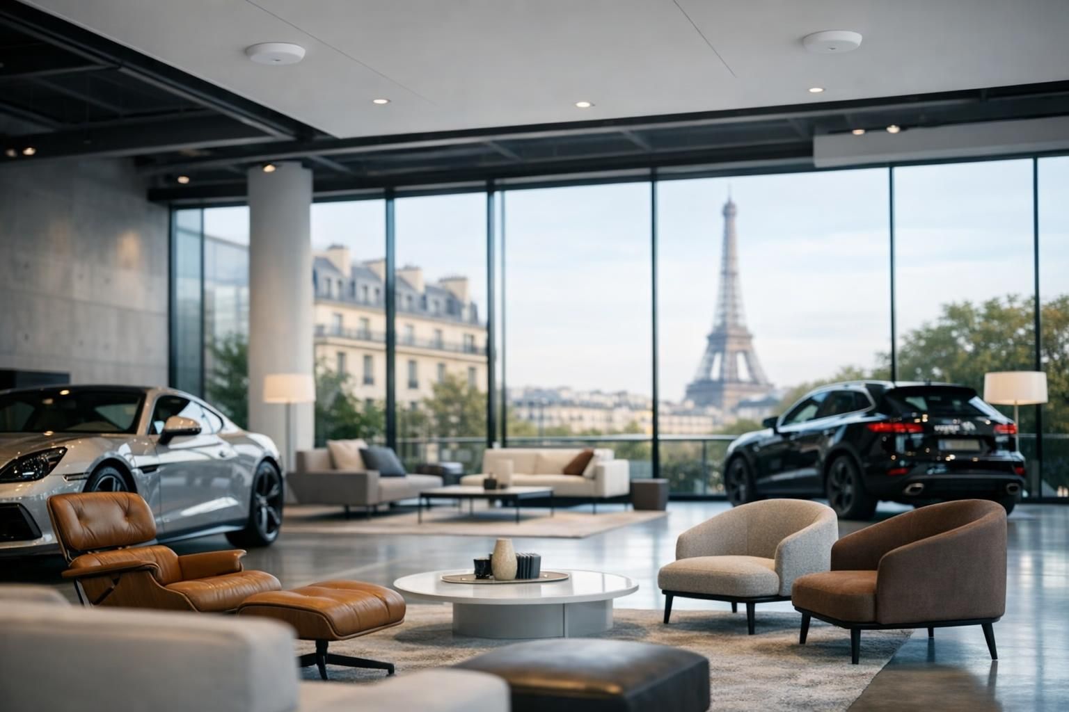 WiFi showroom – vue d’ensemble Showroom moderne aux grands volumes couvert par un réseau WiFi professionnel en Île-de-France