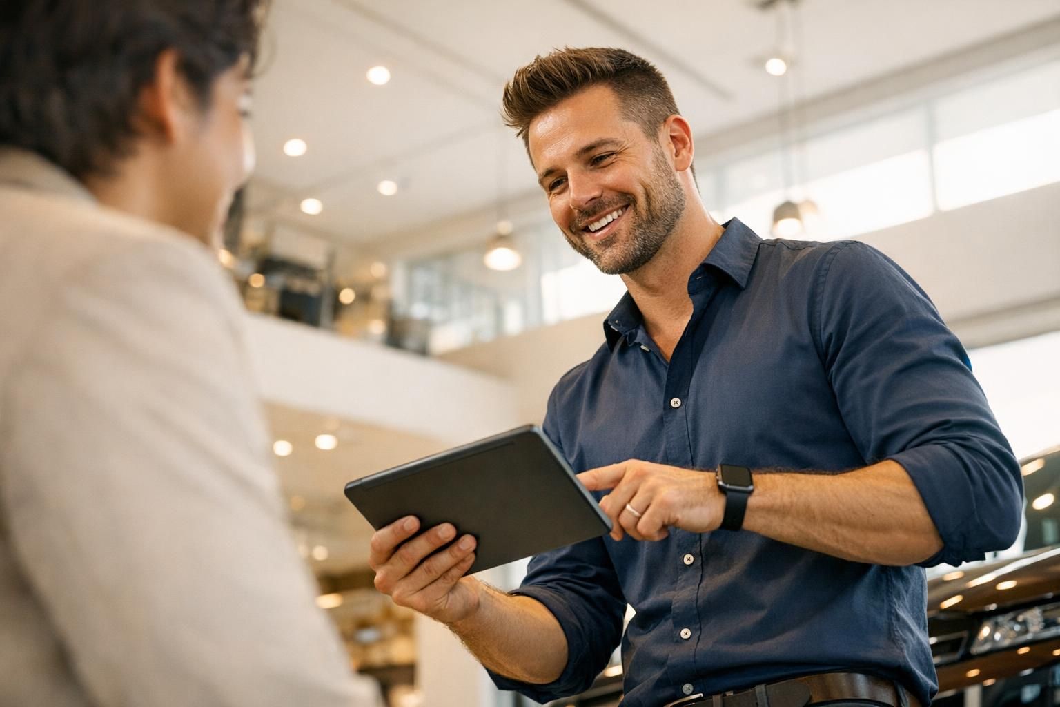 Vendeur présentant un produit sur tablette connectée à un client dans un showroom