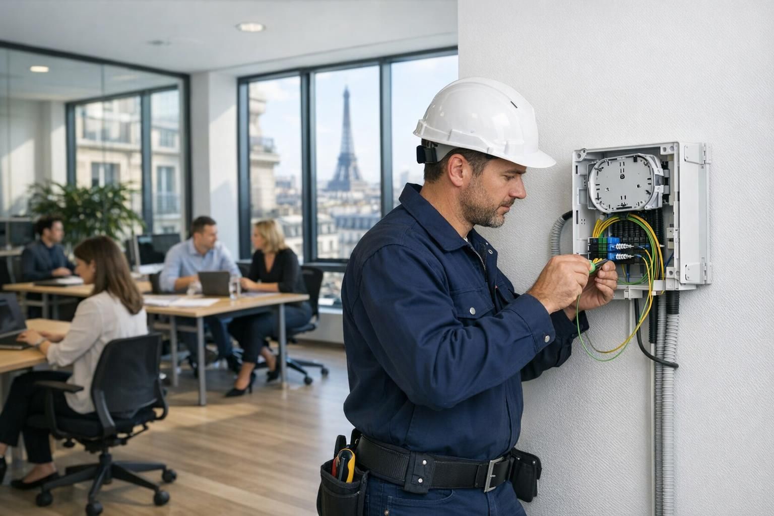 Changer d’opérateur fibre pro sans coupure Technicien installant une nouvelle box fibre dans un bureau sans interrompre l'activité