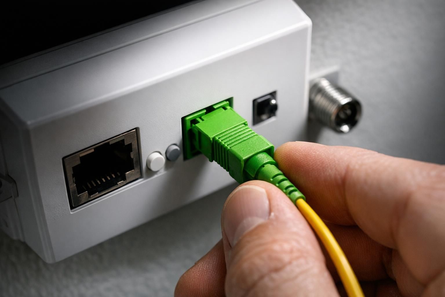Raccordement d'un câble à un boîtier fibre optique ONT en entreprise