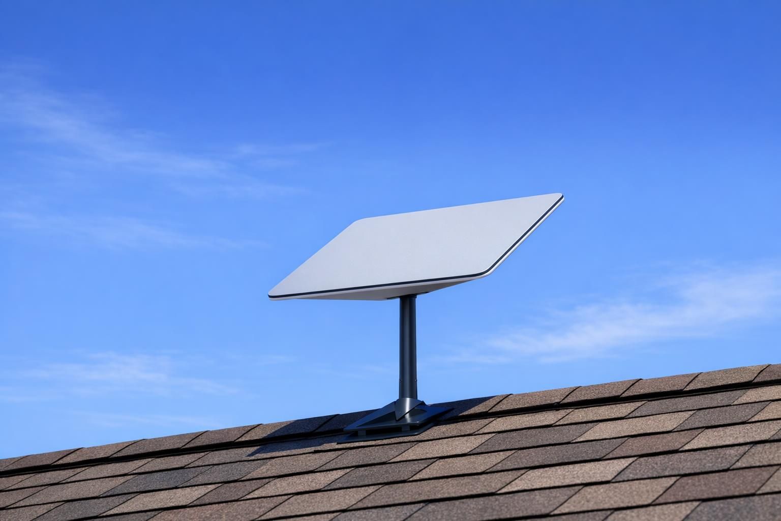 Comment fonctionne Starlink – antenne panneau plat vers le ciel Antenne Starlink à panneau plat sur un toit, pointée vers un ciel dégagé pour capter les satellites en orbite basse