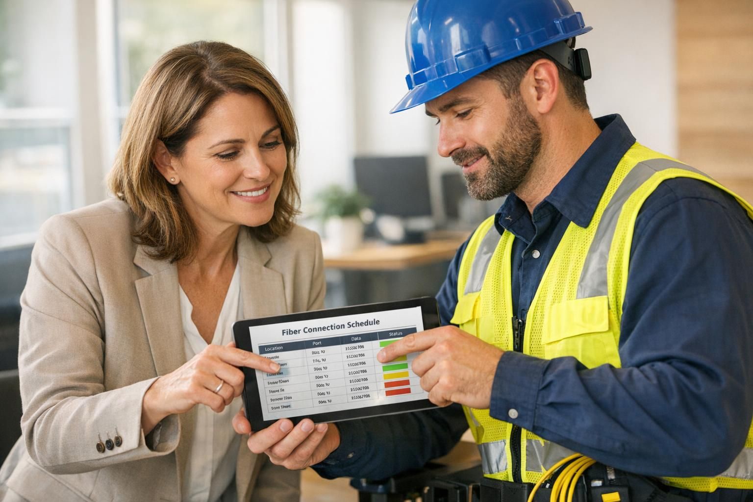 Dirigeant de PME et technicien consultant le planning de raccordement fibre sur une tablette