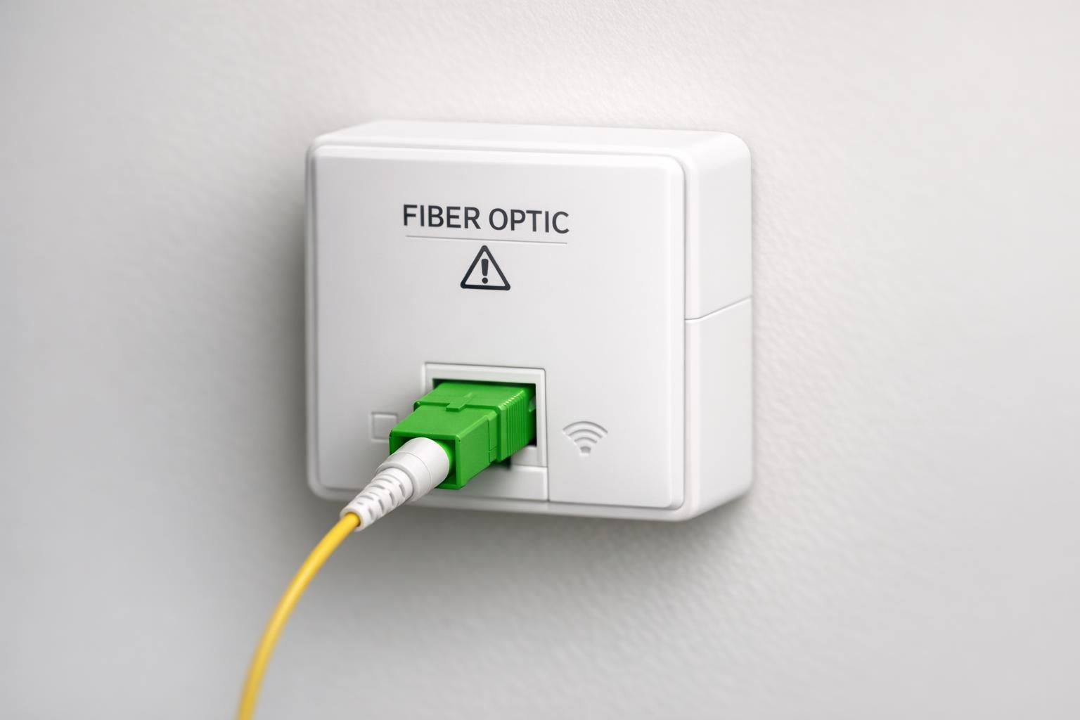 Prise terminale optique PTO fixée sur un mur de bureau, raccordée à la fibre