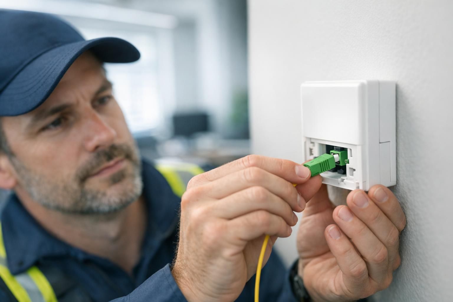 Technicien fibre raccordant un câble optique dans un boîtier ONT en entreprise